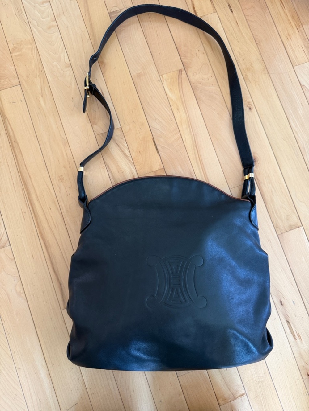 Vintage Celine Black Leather Shoulder Bag with Embossed Logo